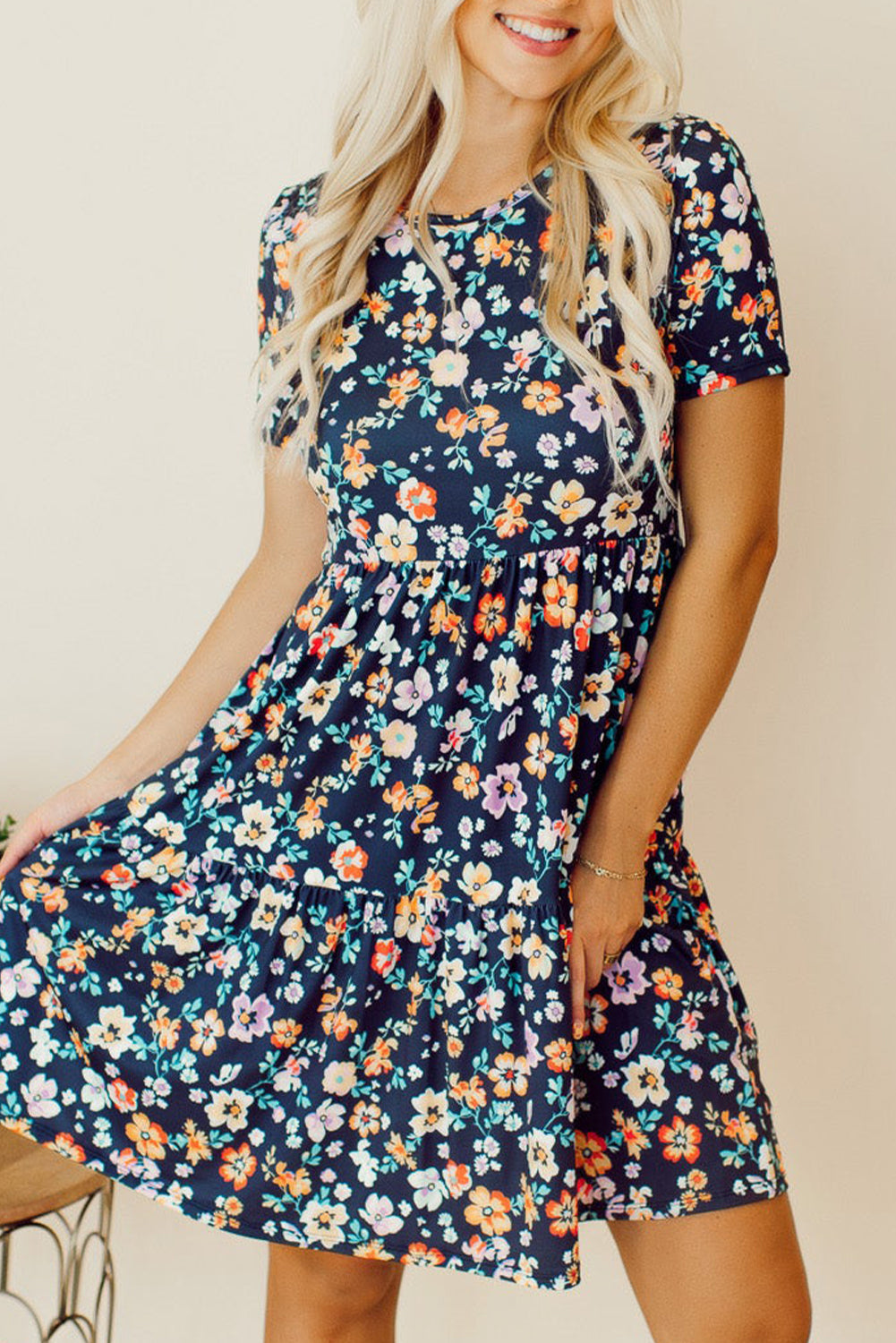 Blue Boho Floral A Line Smocked Waist Mini Dress - Eloy Royal