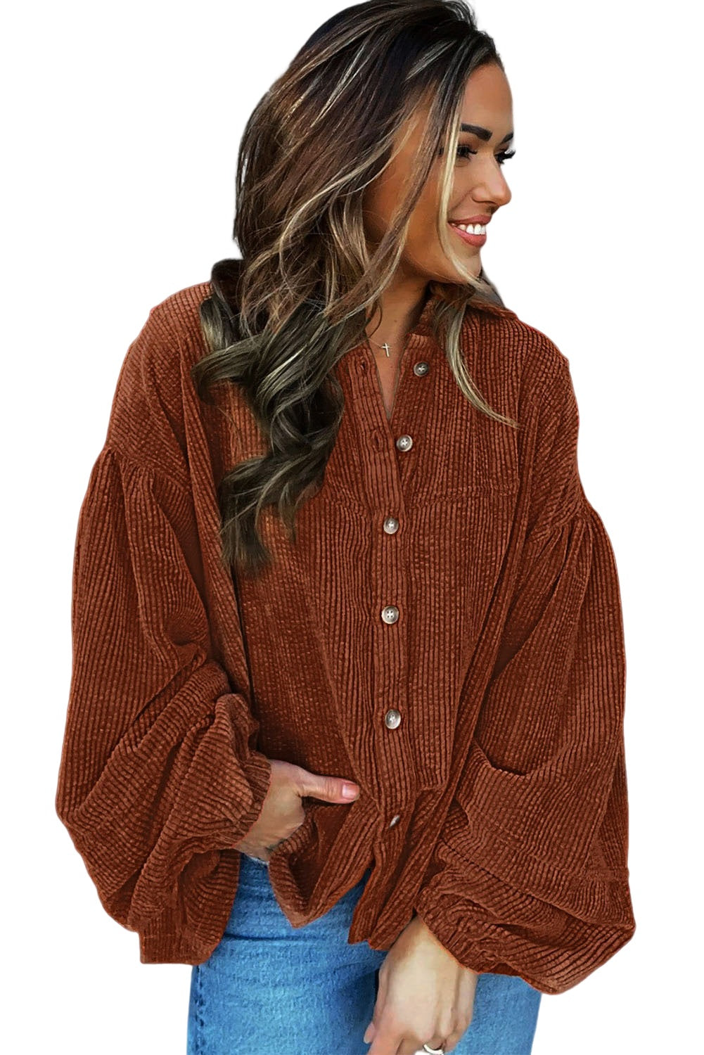 Wholesale Coffee Corduroy Button Up Lantern Sleeve Jacket - Eloy Royal