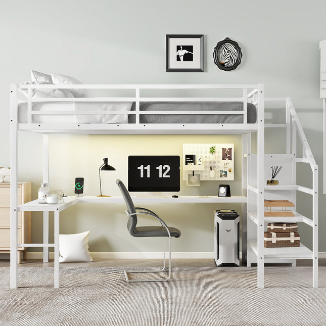 Queen Size Loft Bed with L-shaped Desk and USB, Metal Loft Bed with Wardrobe and Adjustable Shelf, High Loft Bed with LED for Kids Teens Adults, White