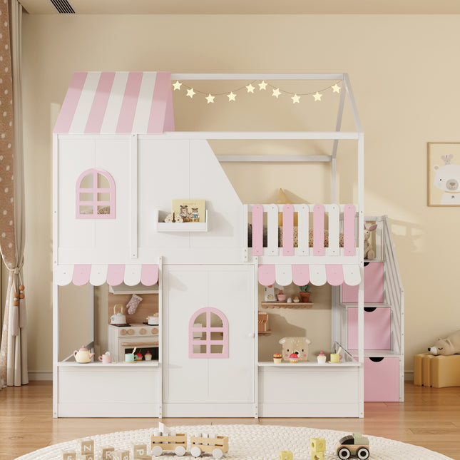 Full Over Full House Bunk Bed with Storage Staircase & Shelves, Wooden Kids Bunk Bed Frame with Playhouse Design, Roof & Door, Storage Steps and Open Shelving, White+Pink