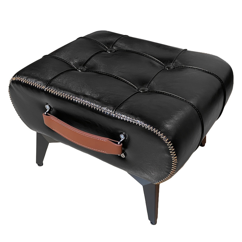Modern Minimalist Leather Footstool with Hidden Storage, Black, Metal Legs, Portable Handles, Compact Square Design for Living Room, Entryway, Bedroom
