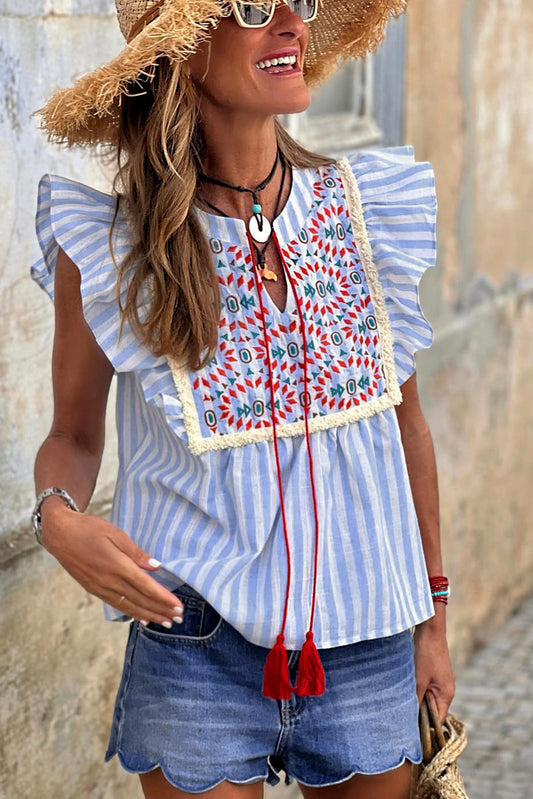 Sky Blue Stripe Geometric Tassel Tied Ruffle Blouse - Eloy Royal