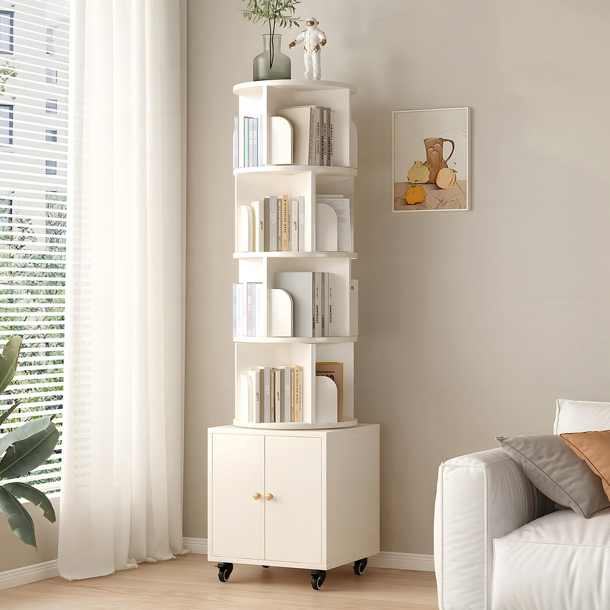 Rotating Bookshelf, 360 Degree Display 5 Tier Corner Bookshelf with Drawer for Small Space, Floor Standing Bookcase Storage Rack, Wood Narrow Organizer for Bedroom, Living Room, WHITE COLOR