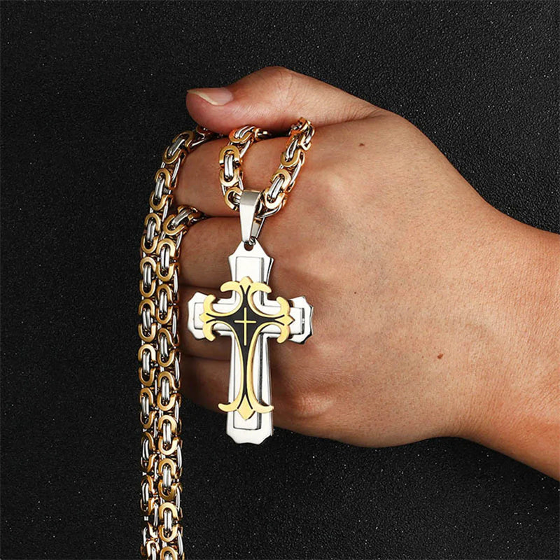 Fashion Jewelry Christian Trinity Latin Cross Necklace For Men Stainless Steel Three Layers Cross Pendants Necklaces Jewelry Gift