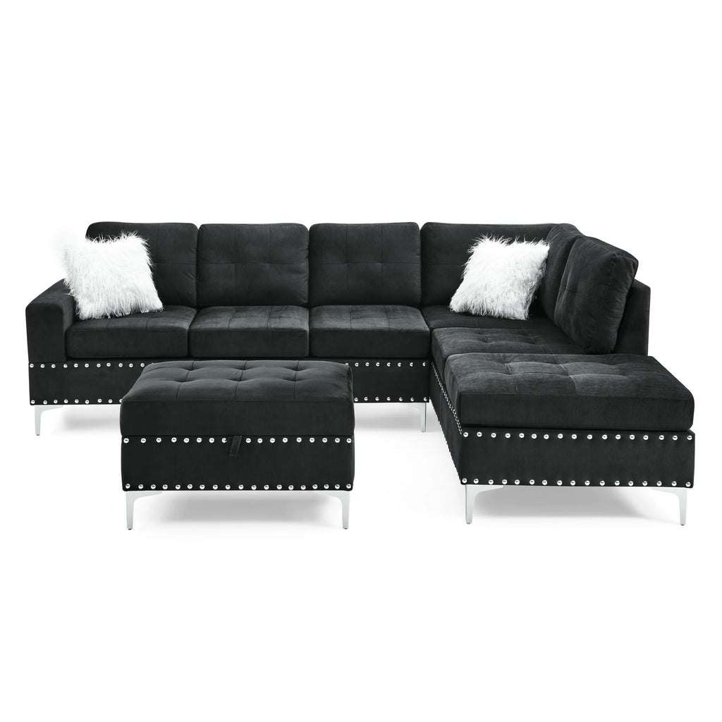 Sectional 3-Seaters Sofa with Reversible Chaise, Storage Ottoman and Cup Holders, Metal Legs and Copper Nails,Two White Villose Pillows ,Black(107.5' x 80.5' x36') - Eloy Royal