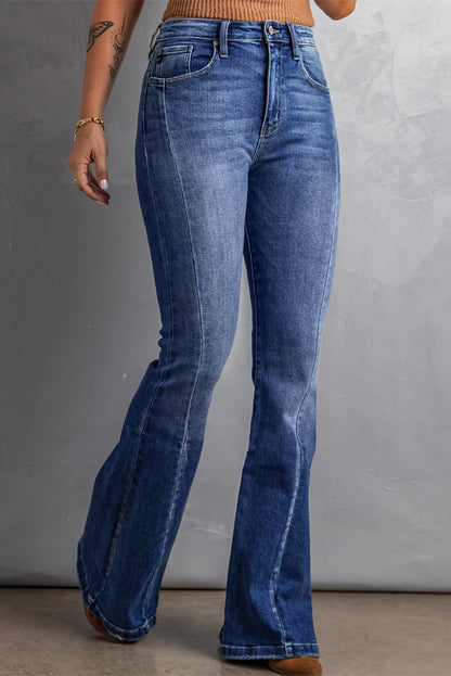 Dark Blue Plus Size Stitching Washed Flare Jeans - Eloy Royal