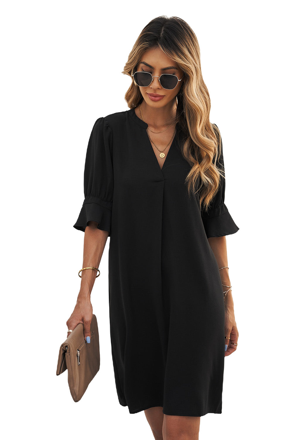 Black Split V Neck Short Sleeve Casual Tunic Dress - Eloy Royal