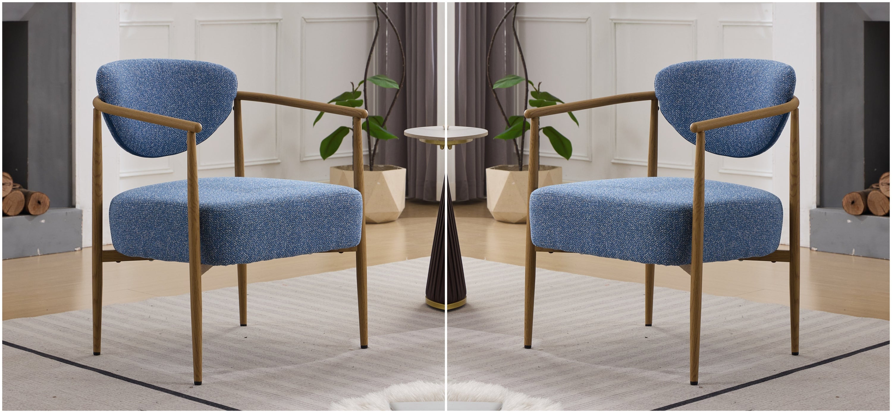 Blue fabric cover,dining room chair, living room chair, bedroom chair 2 sets, woven fabric with foam back and seat,soft and comfortable seating, metal frame with water transfer pringting