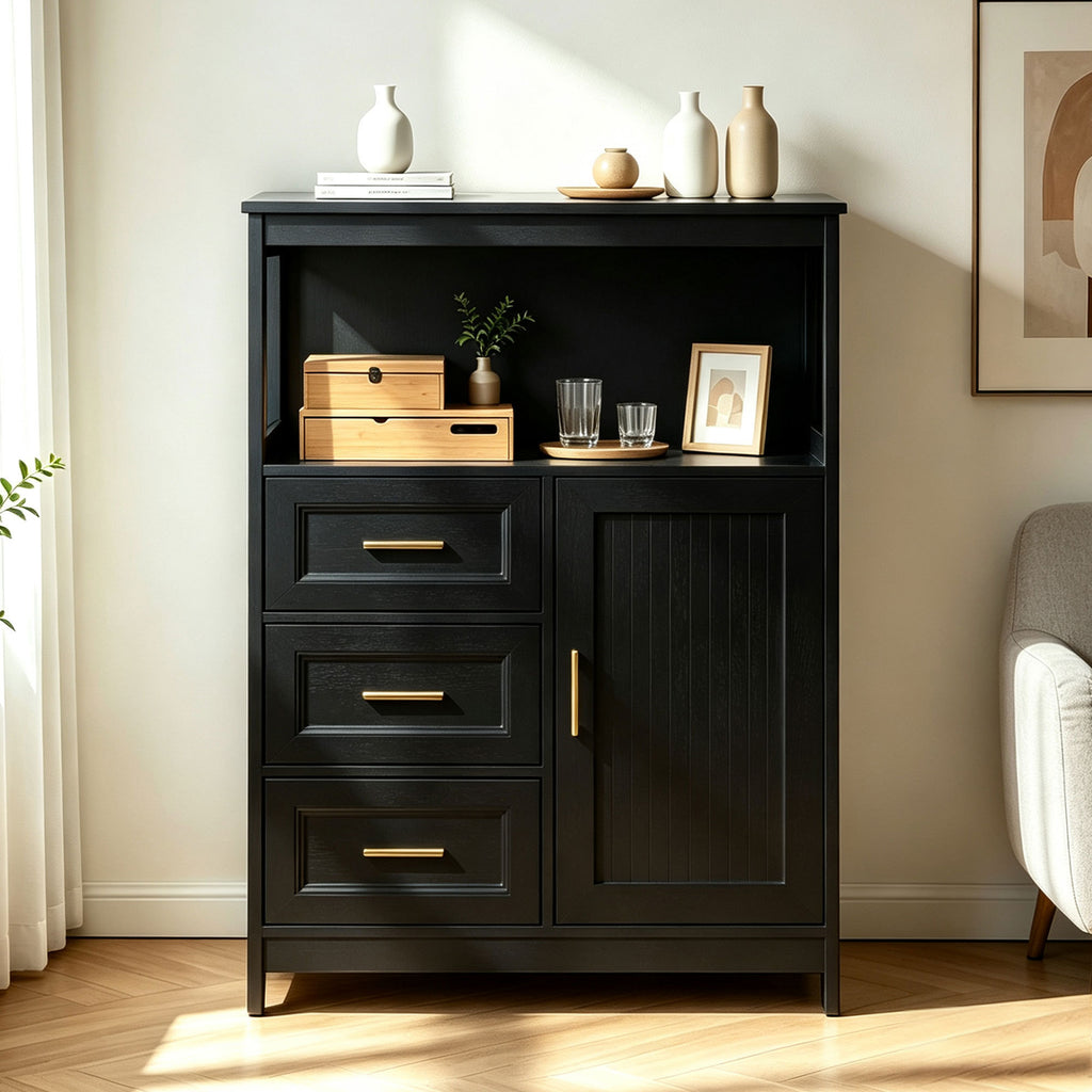 Kitchen Storage Cabinet, modern Buffet Cabinet , Storage with 3 Drawers and 1 Doors,Floor Sideboard Buffet for Living Room, Dining Room, Bathroom,(BLACK Color)