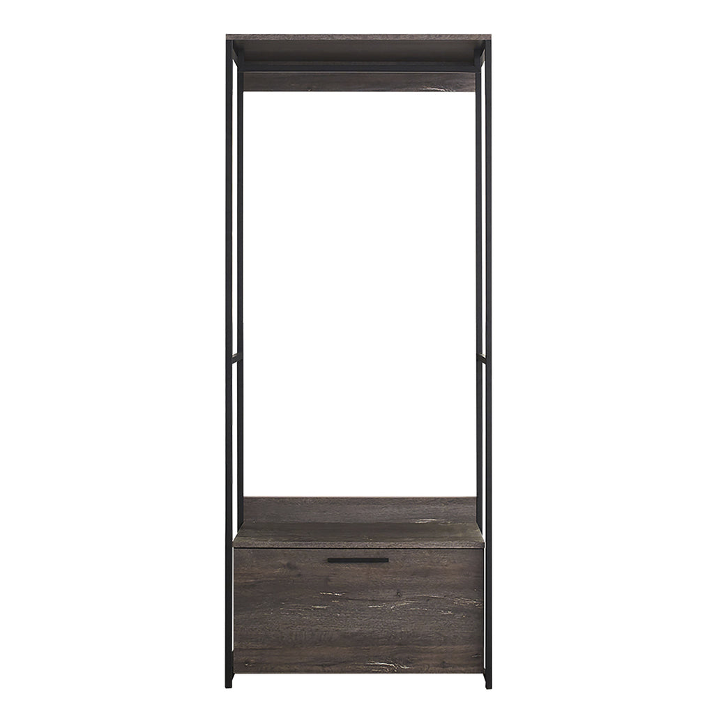 Monica Wood and Metal Walk-in Closet with One Drawer in Rustic Gray Finish and Solid Wood Construction