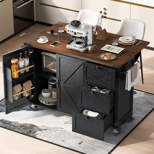K&K 54.5' Farmhouse Kitchen Island with Power Outlet, Kitchen Storage Island  with Internal Storage Rack, Drop Leaf, Spice Rack, Rolling Kitchen Cart on Wheels, for Home, Kitchen and Dining Room,Black