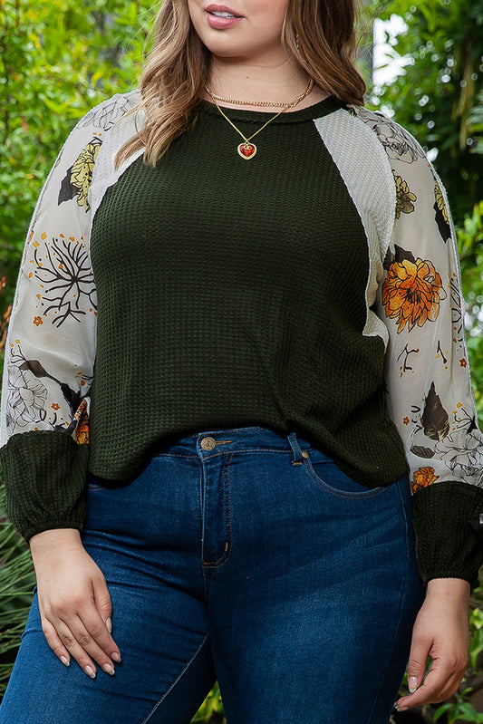 Green Plus Size Floral Raglan Sleeve Patchwork Knit Top - Eloy Royal