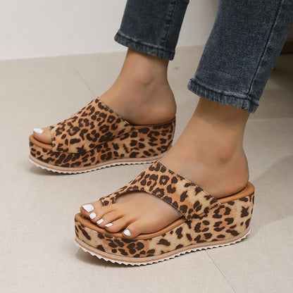 Fashion Leopard Print Wedge Slippers For Women New Thick-sole High Heel Flip Flops Shoes Summer Outdoor Slippers - Eloy Royal