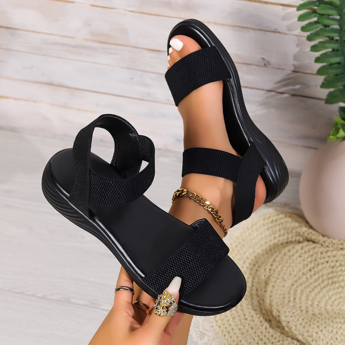 Fashion Color-block Elastic Sandals Summer Fashion Fish Mouth Flat Shoes For Women - Eloy Royal