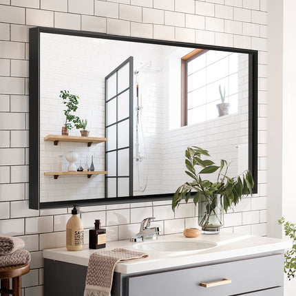 Glossy Black Bathroom Mirrors For Wall 48x30inch Wall Mounted Hanging Plates Mirror