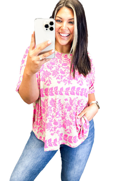 White Floral Print Rounded Hem Plus Size T Shirt - Eloy Royal