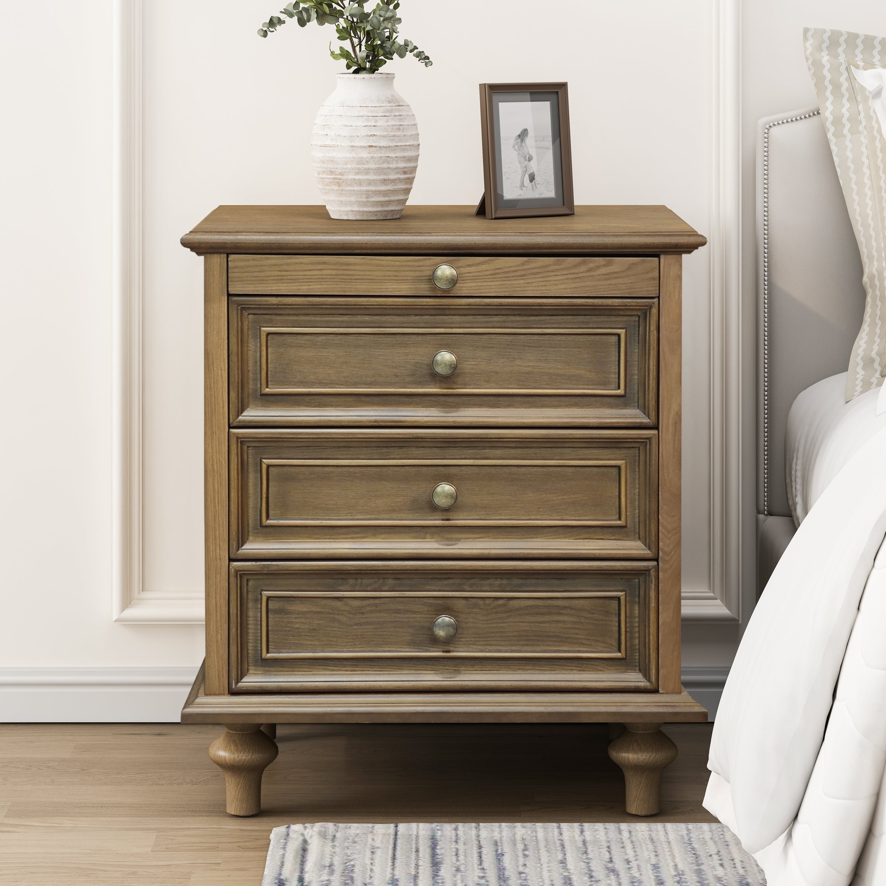 Farmhouse Nightstands with 4 Drawer,Wood Storage End Table with Hidden Pull-Out Shelf, Large Side Table with 4 Solid Wood Feet and Metal Handle,Easy Assembly,Light Brown