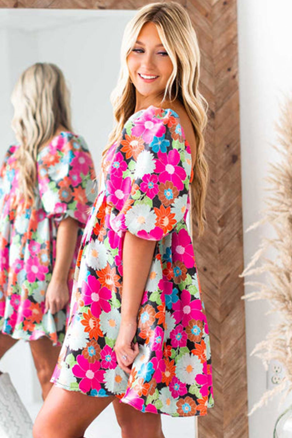 Rose Floral Print Square Neck Short Puff Sleeve Dress - Eloy Royal