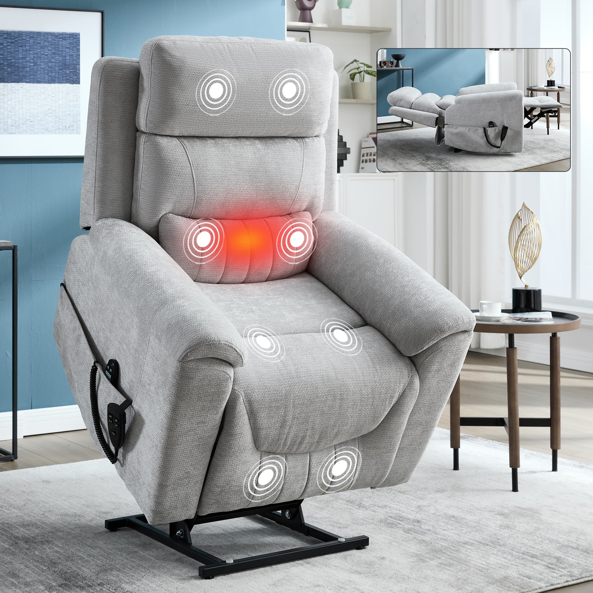 Dual Motor Infinite Position Up to 350 LBS Leatherair Power Lift Recliner Chair, Heavy Duty Motion Mechanism with 8-Point Vibration Massage and Lumbar Heating,Grey
