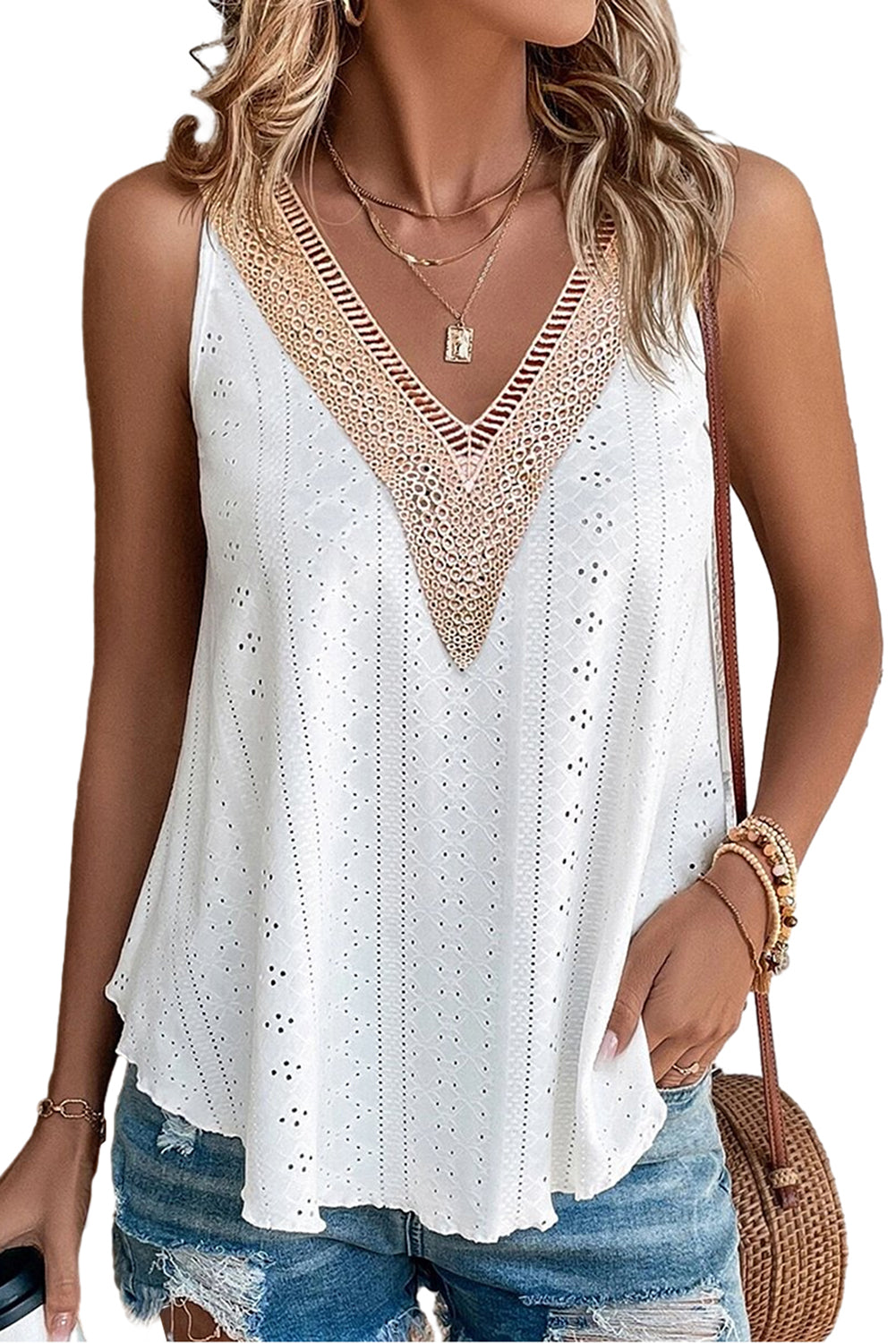 White Lace Crochet Splicing Eyelet V Neck Tank Top - Eloy Royal