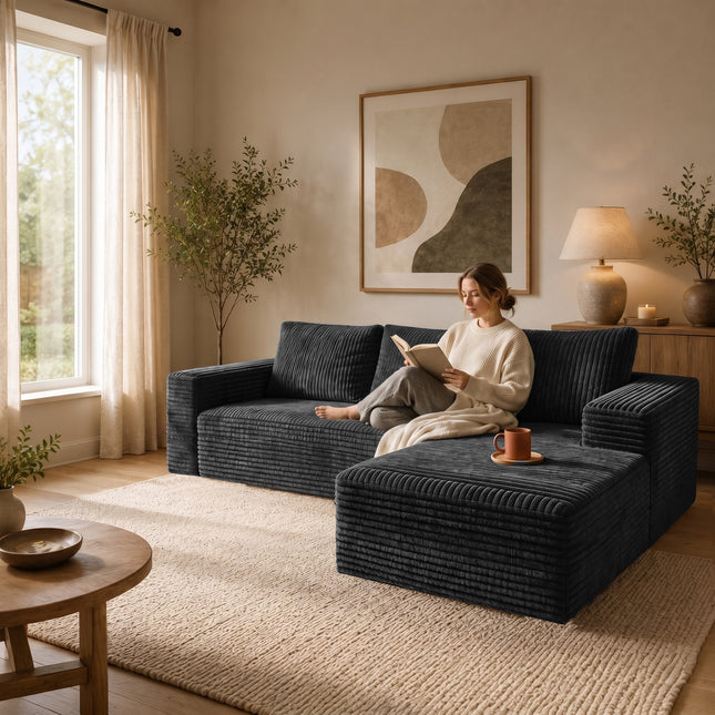 Modern Deep Gray Corduroy Sectional Sofa with Right-Facing Chaise, L-Shaped Couch with Deep Seats & Soft Cushions, Contemporary Velvet-Like Upholstery for Living Room, Apartment (96.65' W)