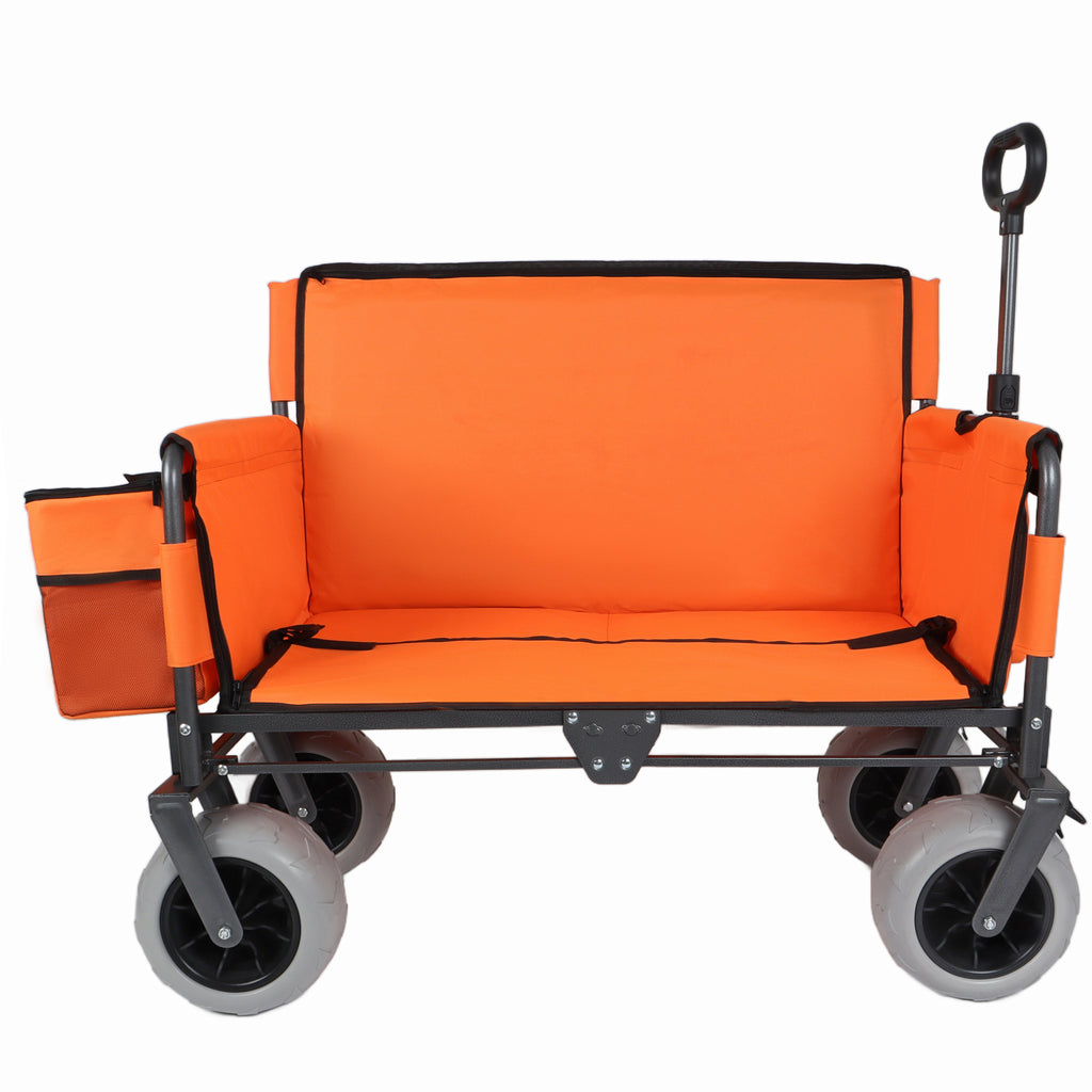 3-in-1 Folding Wagon with Bench Seat – patent protection, Includes 1 ice pack, 500lbs Capacity, 9'x4' Beach Tires for Camping & Beach, orange