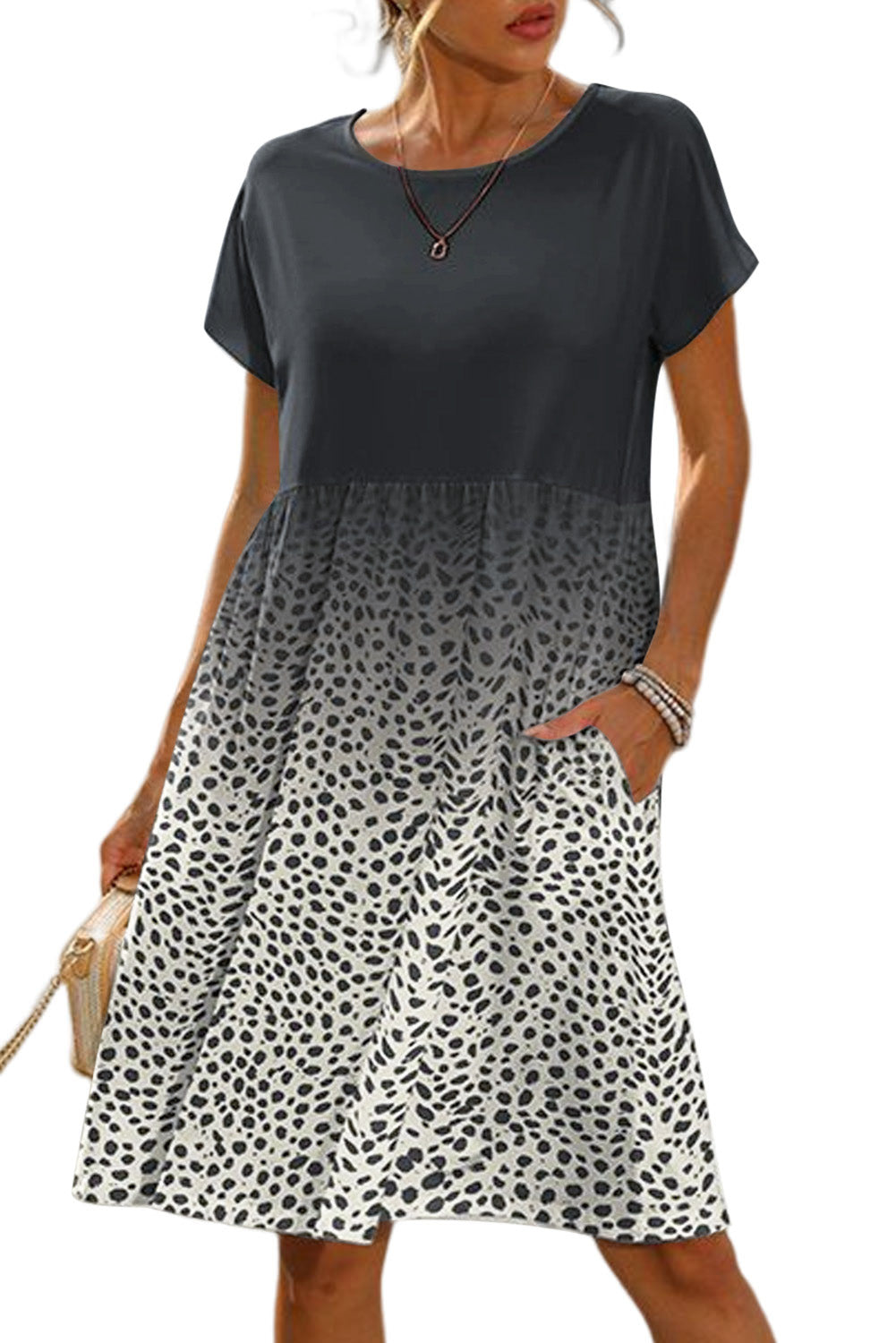 Leopard Dotted Contrast Casual Pocket T Shirt Dress - Eloy Royal