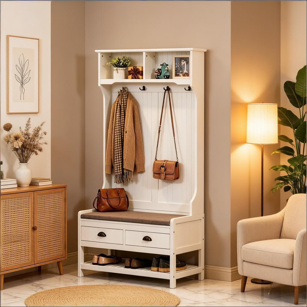 Multifunctional Design Entryway Hall Tree,Chic Hall Tree,Sturdy Coat Rack Stand