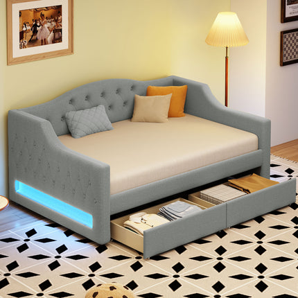 Upholstered Twin XL Size Daybed with LED Belt and 2 Drawers, Gray