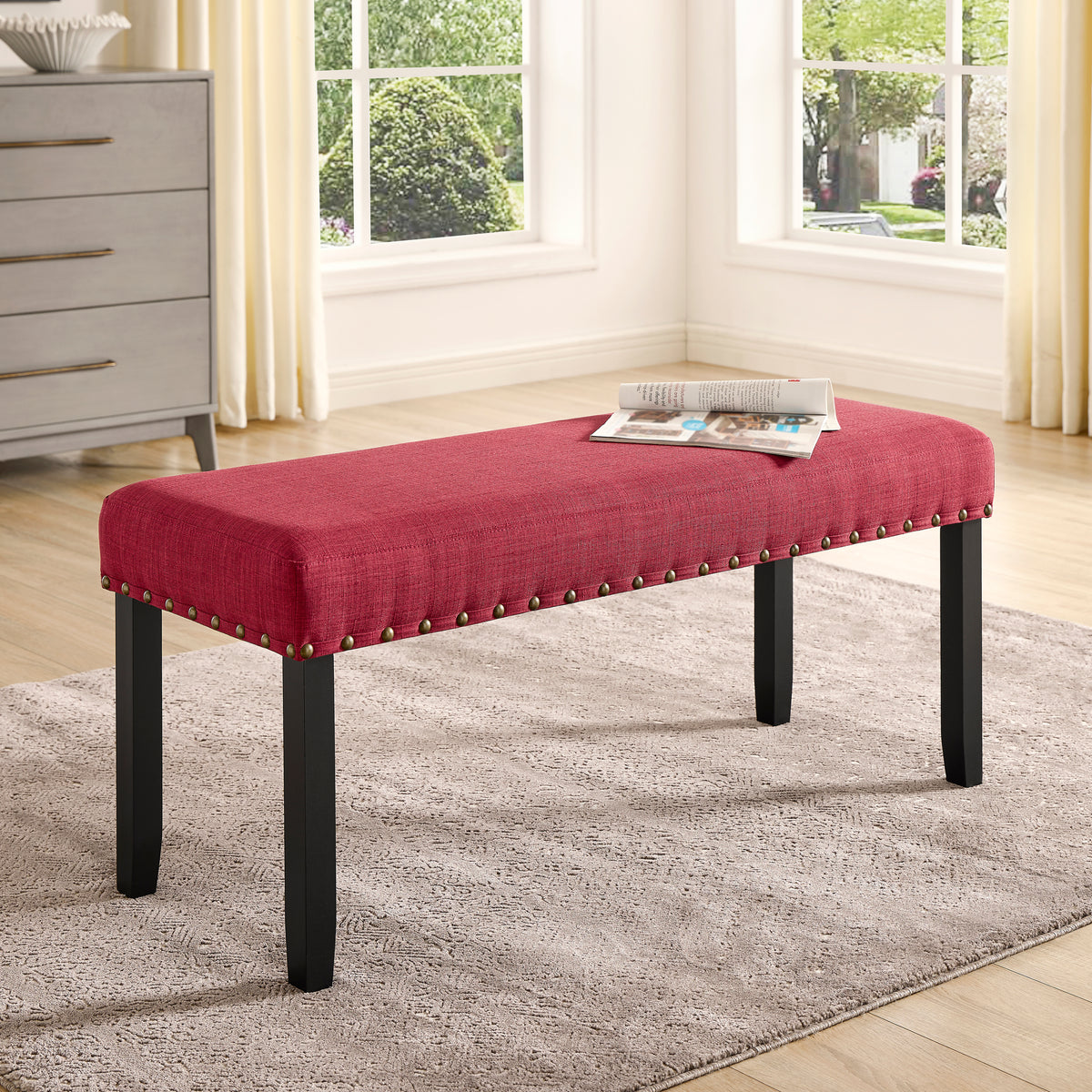 Biony Fabric Dining Bench with Nailhead Trim, Red
