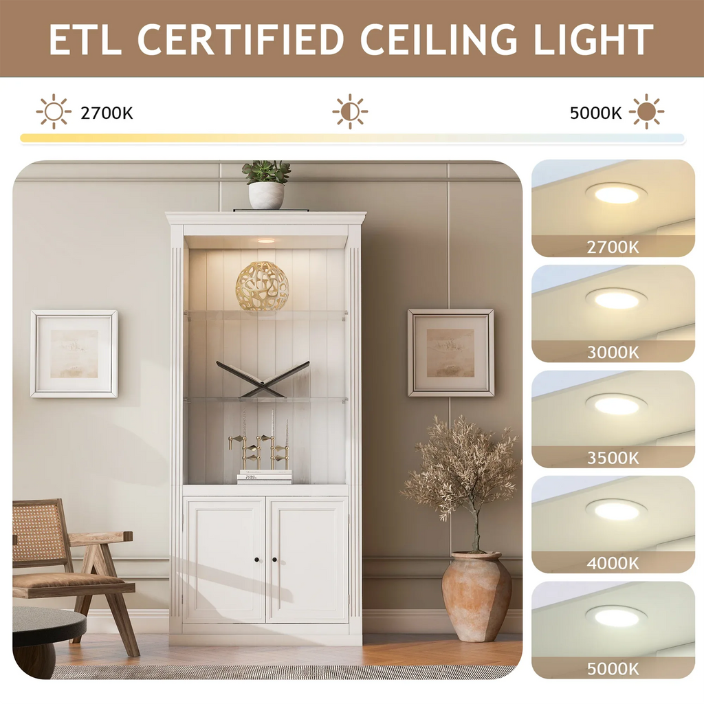 78.75''H 4-Tier Display Shelf, with 5-Colors Dimmable Ceiling Light, Freestanding Farmhouse Bookcases with Storage & Doors, Bookshelf with Adjustable Glass Shelves for Home & Office - White - Eloy Royal