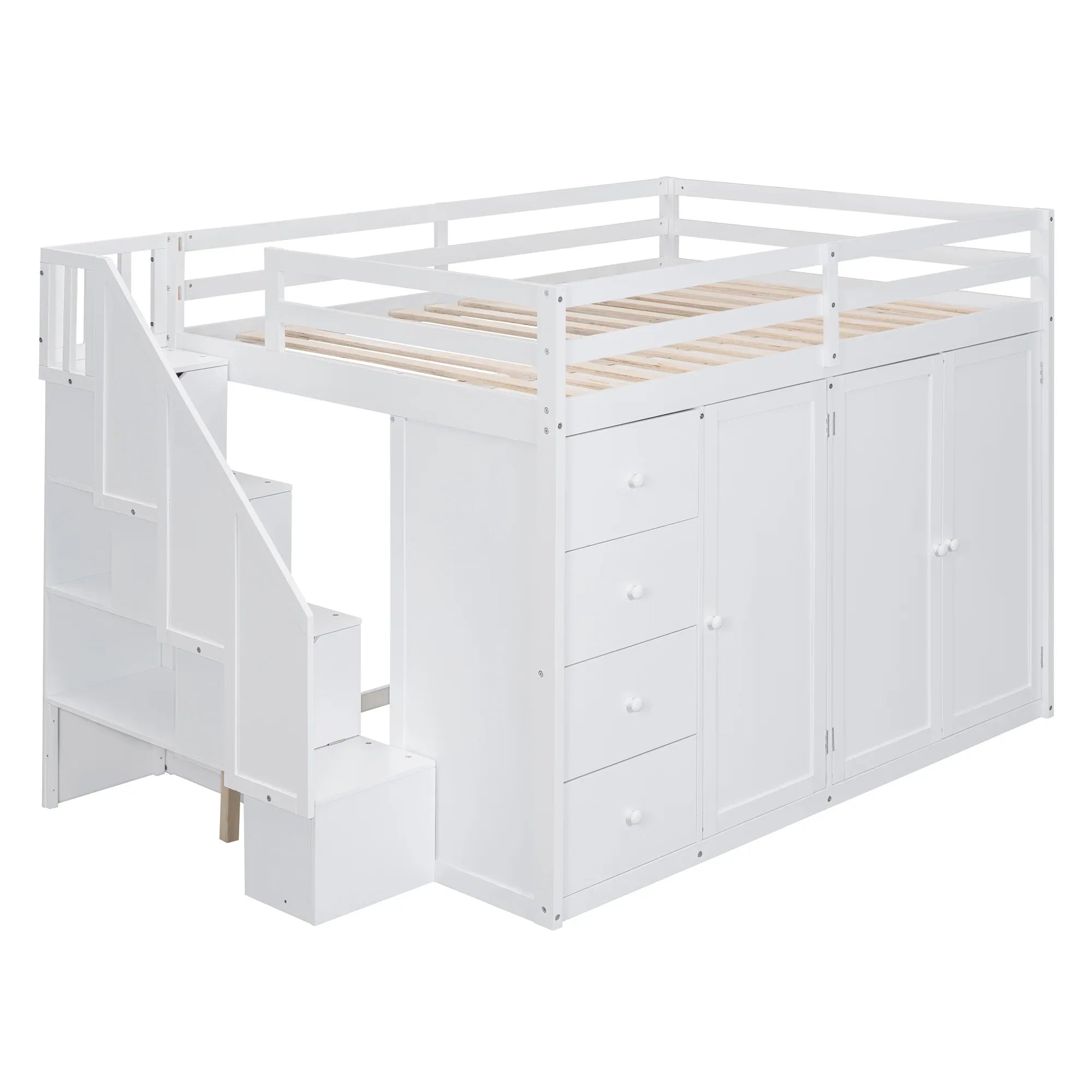 Full Size Wood Loft Bed With Built-in Wardrobes, Cabinets and Drawers, White - Eloy Royal