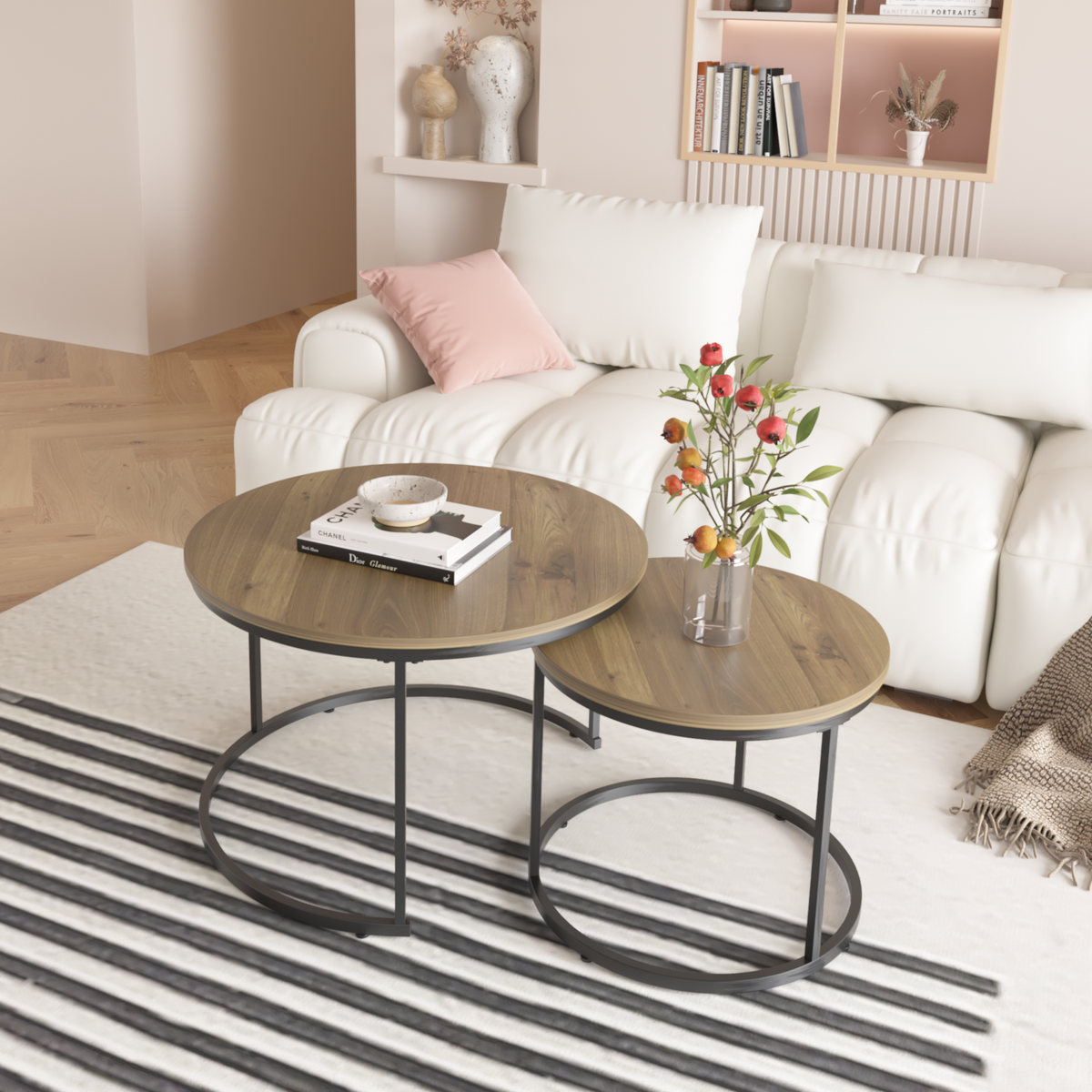 Round nesting coffee tables with brown wood-finish tops, view 6