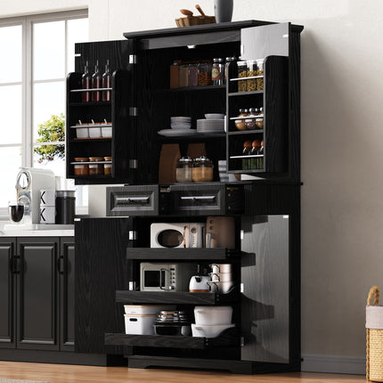 K&K 71' Tall Kitchen Pantry Cabinet with 3 Pull Out Cabinet Organizers, Farmhouse Embossed Texture Storage Cabinet with 6 Door Shelves, 2 Drawers, Freestanding Cupboard for Kitchen, Dining Room Black