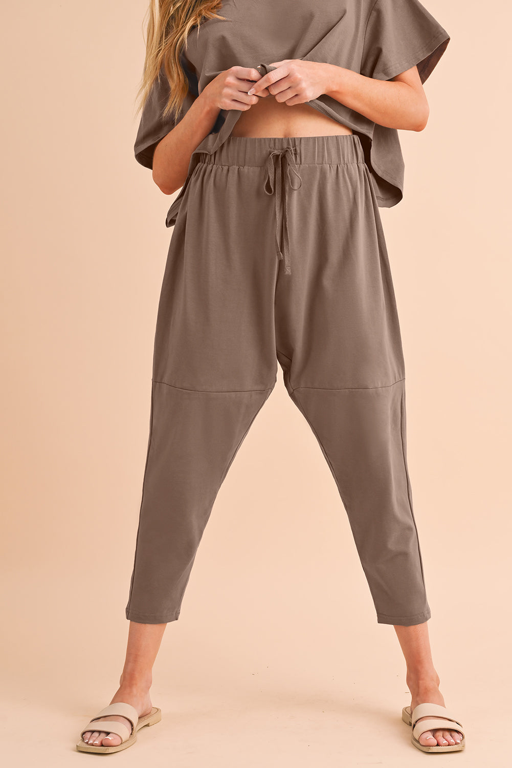 Taupe Batwing Sleeve High Low Tee and Drawstring Crop Pants Set - Eloy Royal