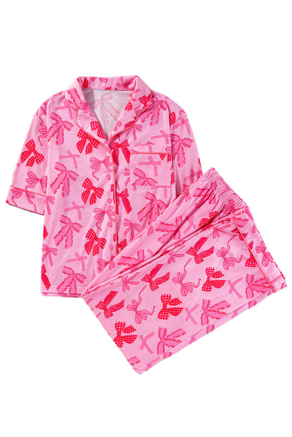 Pink Bow Knot Print Lapel Collar Short Sleeve and Pants Pajamas Set