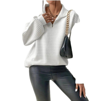 Waffle Solid Color Stand Collar Long-sleeve Zipper Patchwork Sweater