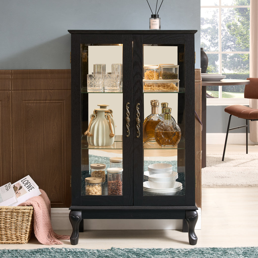 Curio Cabinet with Tempered Glass Doors, Lighted Display Cabinet with Mirrored Back Panel & Adjustable Shelves Perfect for Home or Office (Light Bulb Included)- Black