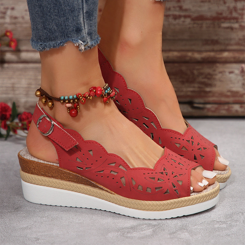 New Fish-mouth Wedge Sandals Summer Thick-soled Hollow Buckle Roman Shoes For Women - Eloy Royal