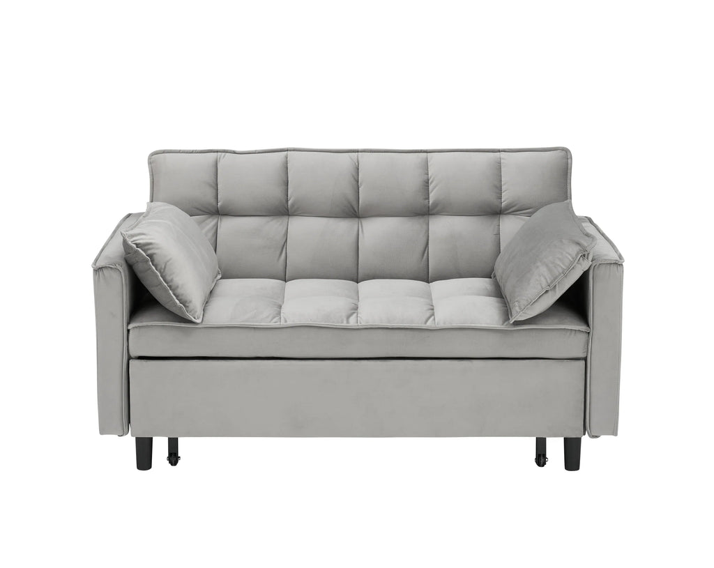 Modern Velvet Loveseat Futon Sofa Couch Pullout Bed, Small Love Seat Lounge Sofa w/Reclining Backrest, Toss Pillows, Pockets, Furniture for Living Room,3 in 1 Convertible Sleeper Sofa Bed, Gra - Eloy Royal