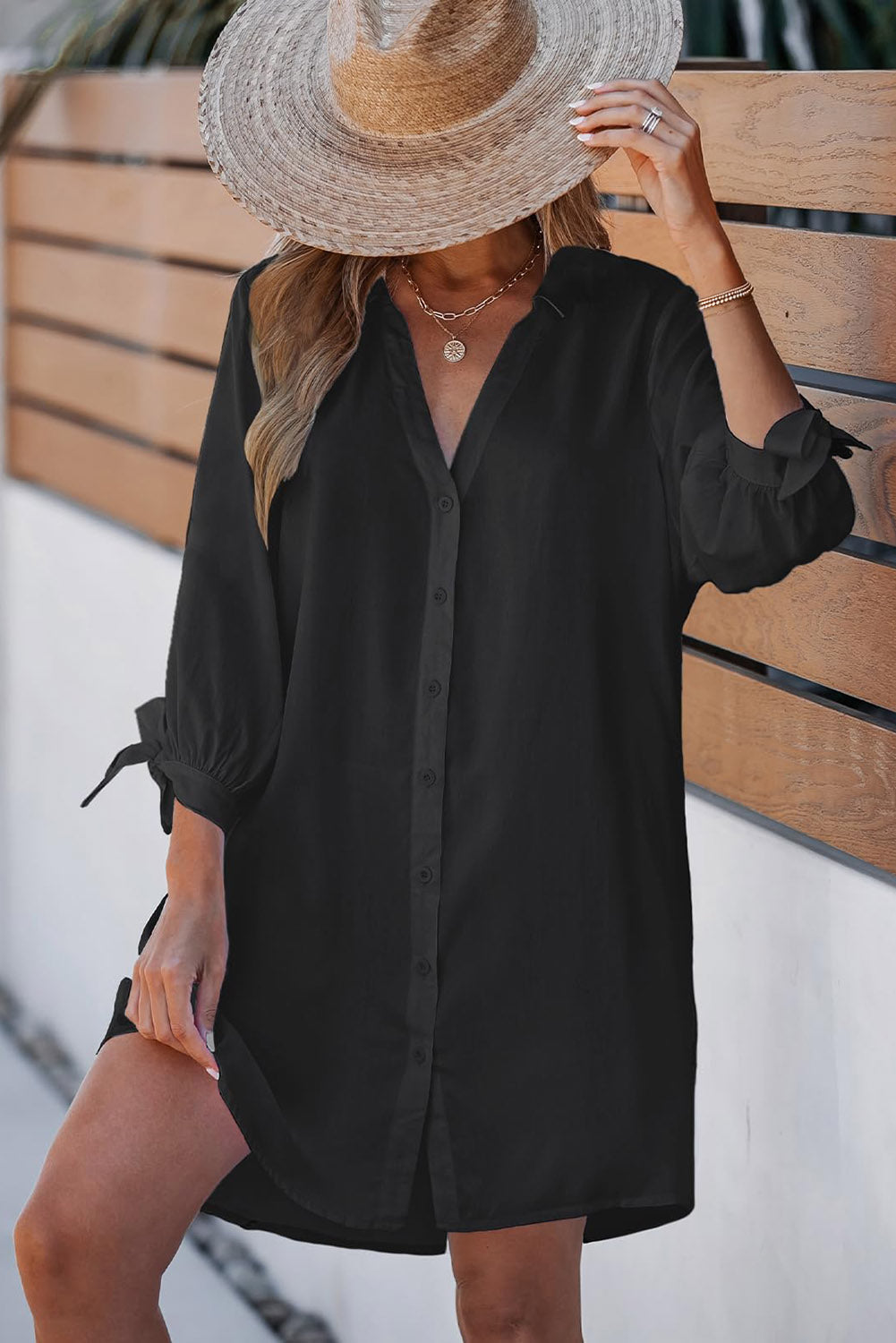 Black Plus Size Tie Cuffs V Neck Shirt Dress - Eloy Royal