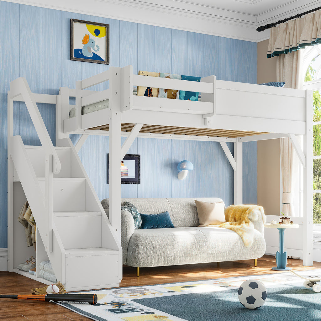 Twin Size Loft Bed with Built-in Wardrobe and Storage Space, Solid Wood Loft Bed with Beside Shelves, Full-length Guardrails and Stairs, No Box Spring Needed, White