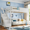 Twin Size Loft Bed with Built-in Wardrobe and Storage Space, Solid Wood Loft Bed with Beside Shelves, Full-length Guardrails and Stairs, No Box Spring Needed, White