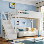 Twin Size Loft Bed with Built-in Wardrobe and Storage Space, Solid Wood Loft Bed with Beside Shelves, Full-length Guardrails and Stairs, No Box Spring Needed, White