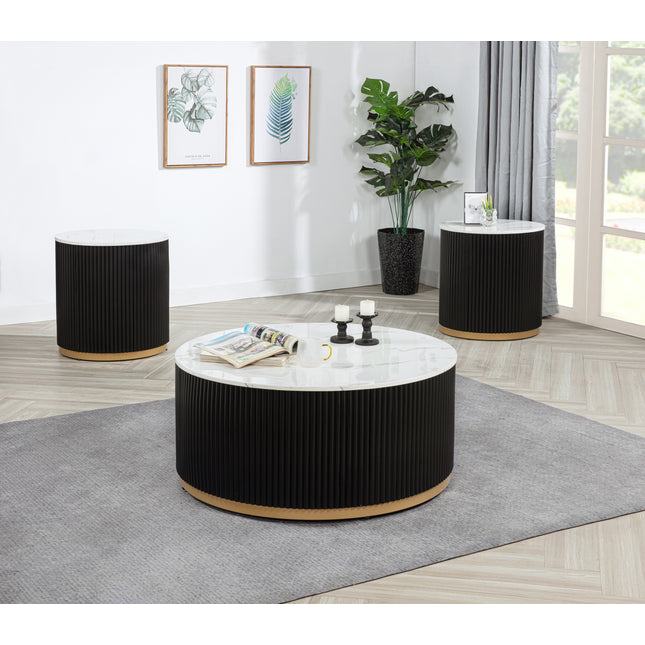 Modern Contemporary 3pc Cocktail Group Set Coffee Table End Table Luxurious Marble-inspired Top Reeded Base Gold-finished Foundation Casters Wheels Living Room Furniture