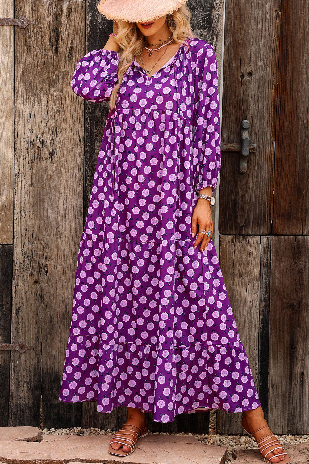 Purple Boho Printed V Neck Puff Sleeve Maxi Dress - Eloy Royal