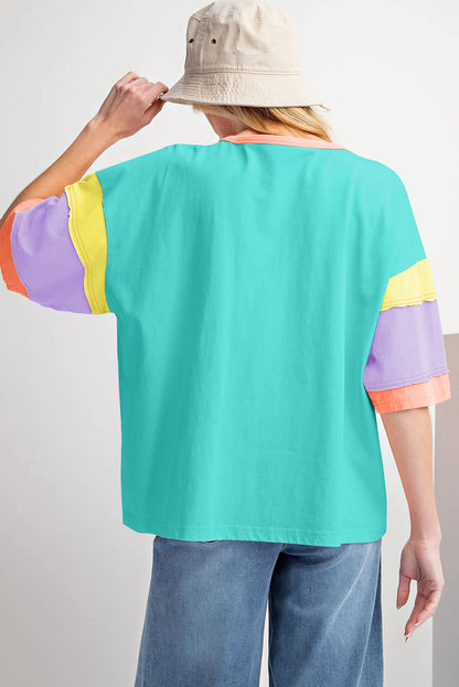 Green Color Block Sleeve Round Neck Oversize Top - Eloy Royal