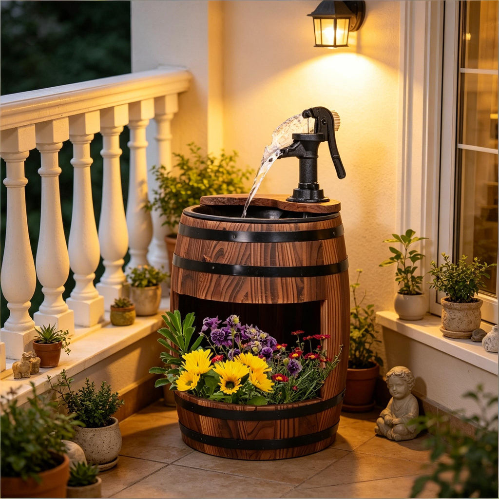 Wooden Water Pump Fountain,Patio Water Fountain,Apple Barrel Pump Garden Decor,Outdoor Water Fountain