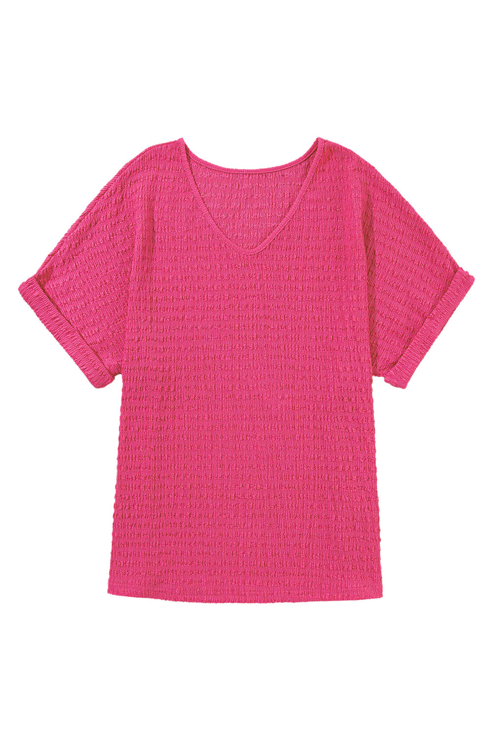 Bright Pink Textured Rolled Short Sleeve V Neck Blouse - Eloy Royal