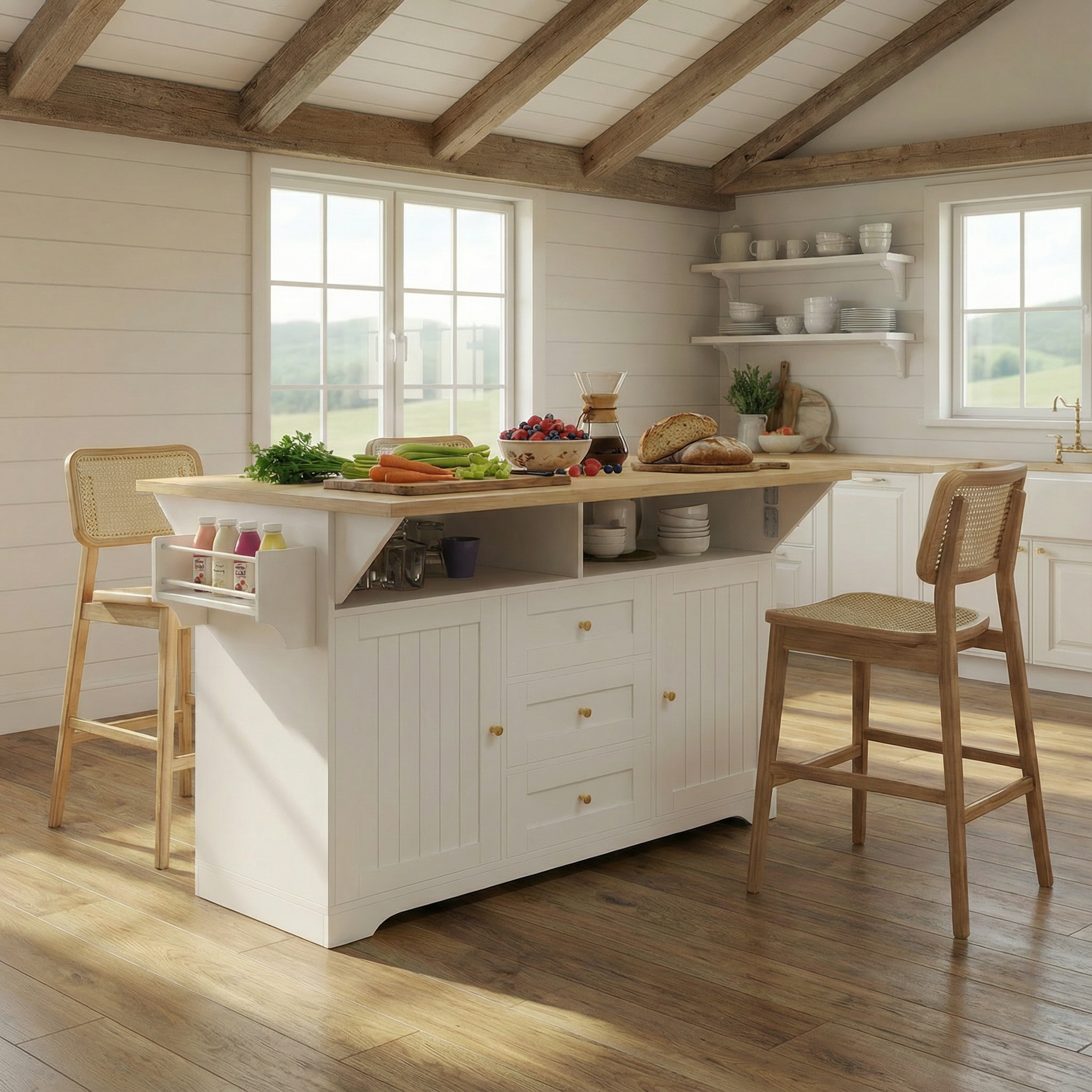 Large Kitchen Island with 2 Drop Leaf,Rolling Kitchen Cart on 5 Wheels with Power Outlet,Folding Storage Dining Table with Spice & Towel Rack , 3 Drawers, for Kitchen, Dining Room,White